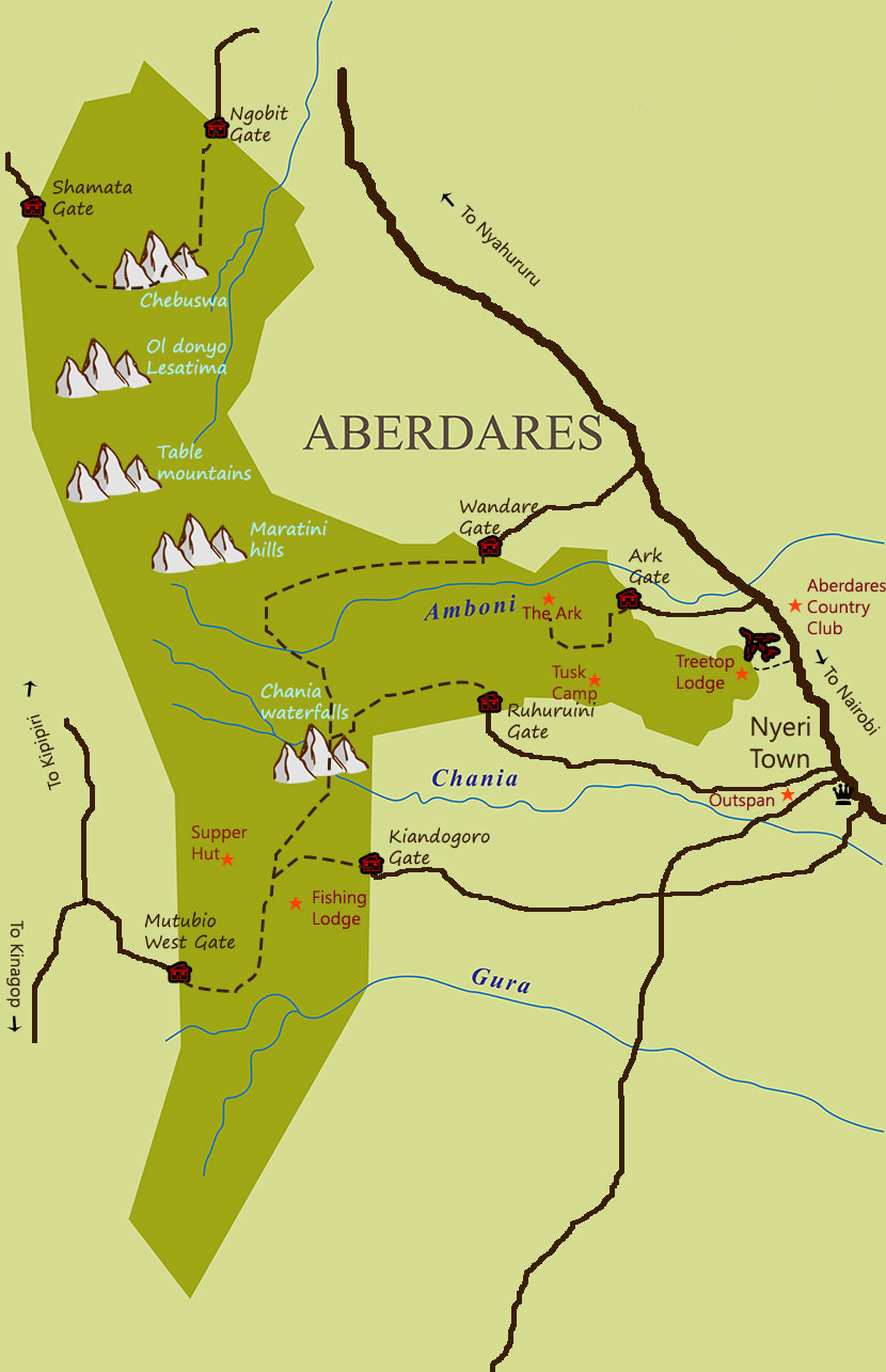 Map of Aberdares National Park and Direction